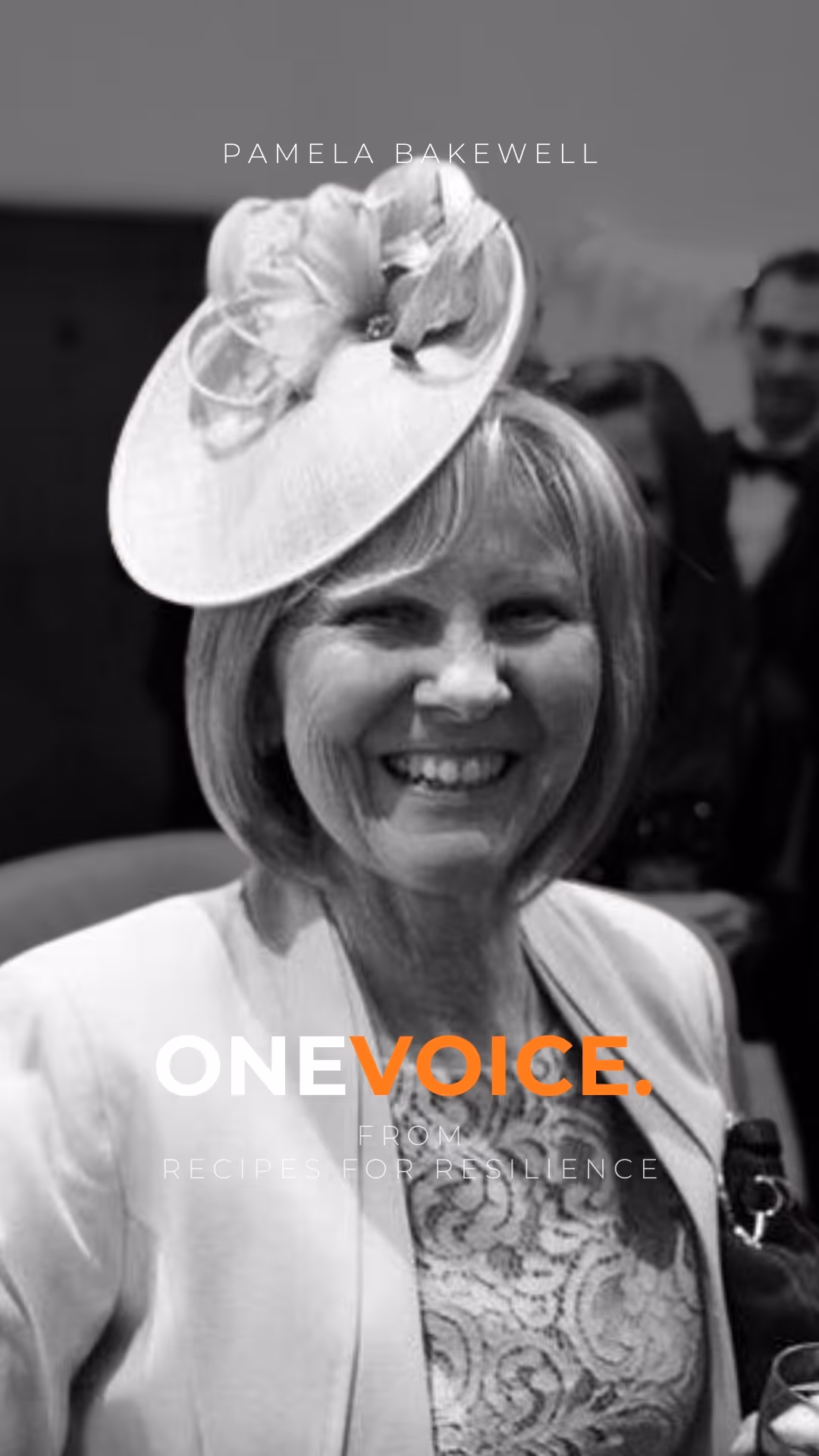 Black and white close-up portrait of a smiling woman with the text 'Marguerite Ferrell Nee' above and 'ONE VOICE from Recipes for Resilience' below.