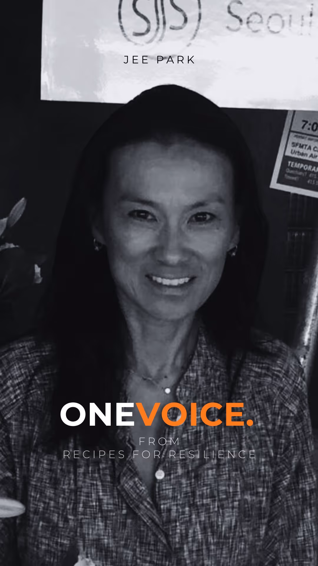 Black and white portrait of Martin Gruebele smiling, with text 'ONE VOICE. from Recipes for Resilience.'