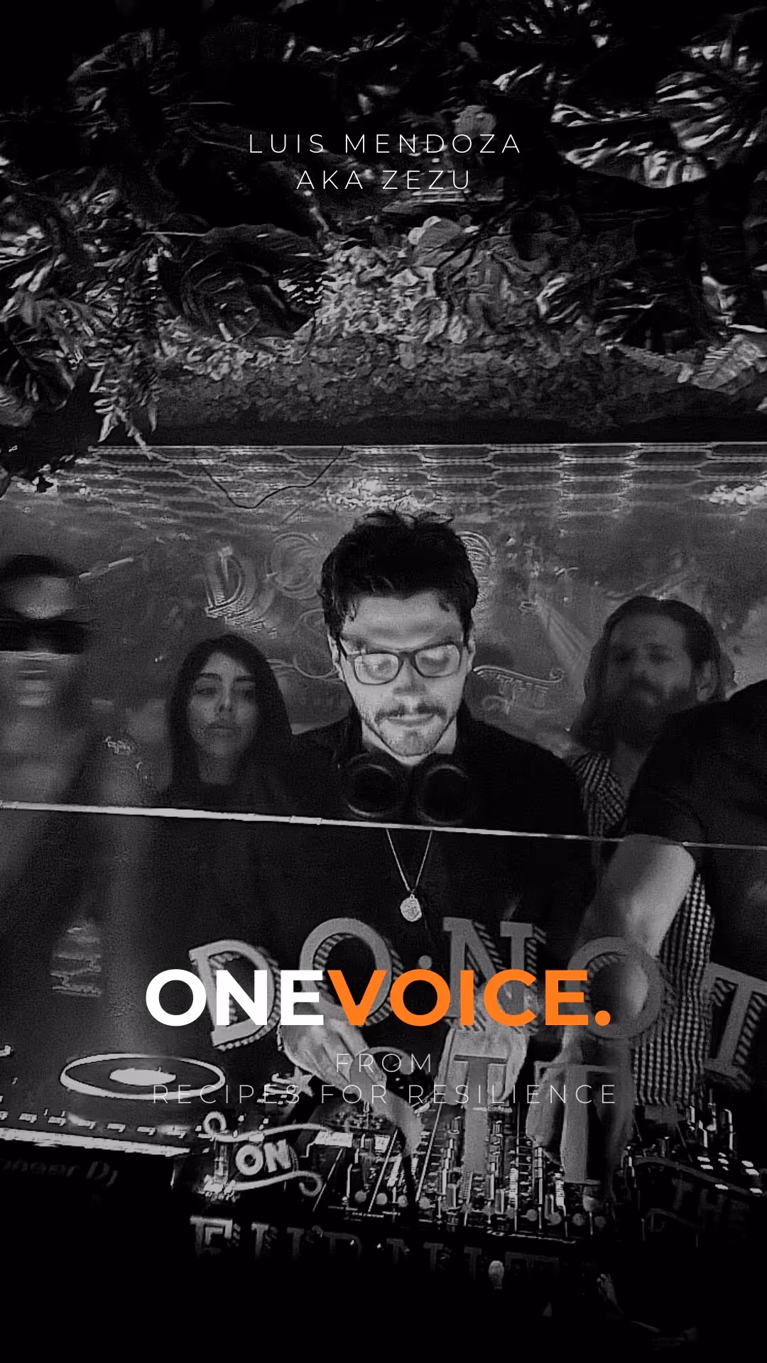 Black and white portrait of Martin Gruebele smiling, with text 'ONE VOICE. from Recipes for Resilience.'