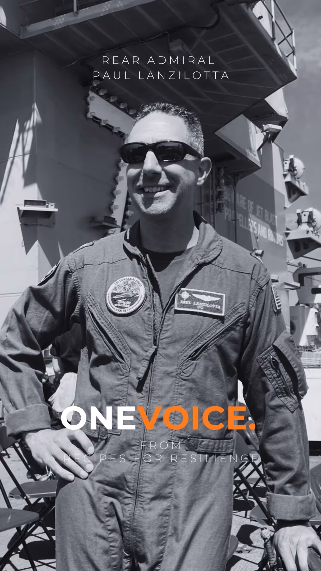 Black and white portrait of Martin Gruebele smiling, with text 'ONE VOICE. from Recipes for Resilience.'