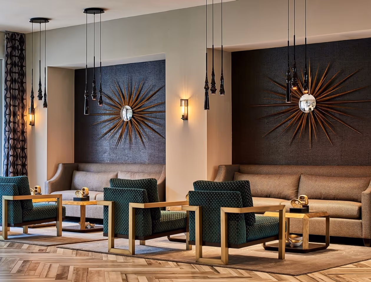 Commercial Interior Design North Carolina living room with a couch and chairs, and a mirror on the wall. Stacy Nicole Interiors is a full-service North Carolina interior design firm. Luxury interior design in Charlotte-based at 1515 Mockingbird Lane, Suite 420, Charlotte, NC 28209. Myers Park luxury interiors.