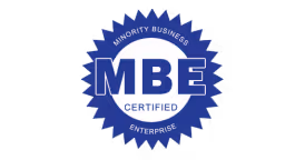 Blue and white Minority Business Enterprise (MBE) certified logo representing that Stacy Nicole Interiors is at least 51% minority-owned, operated, and controlled. MBE-certified luxury interior design firm based in North Carolina, serving Charlotte and surrounding areas.