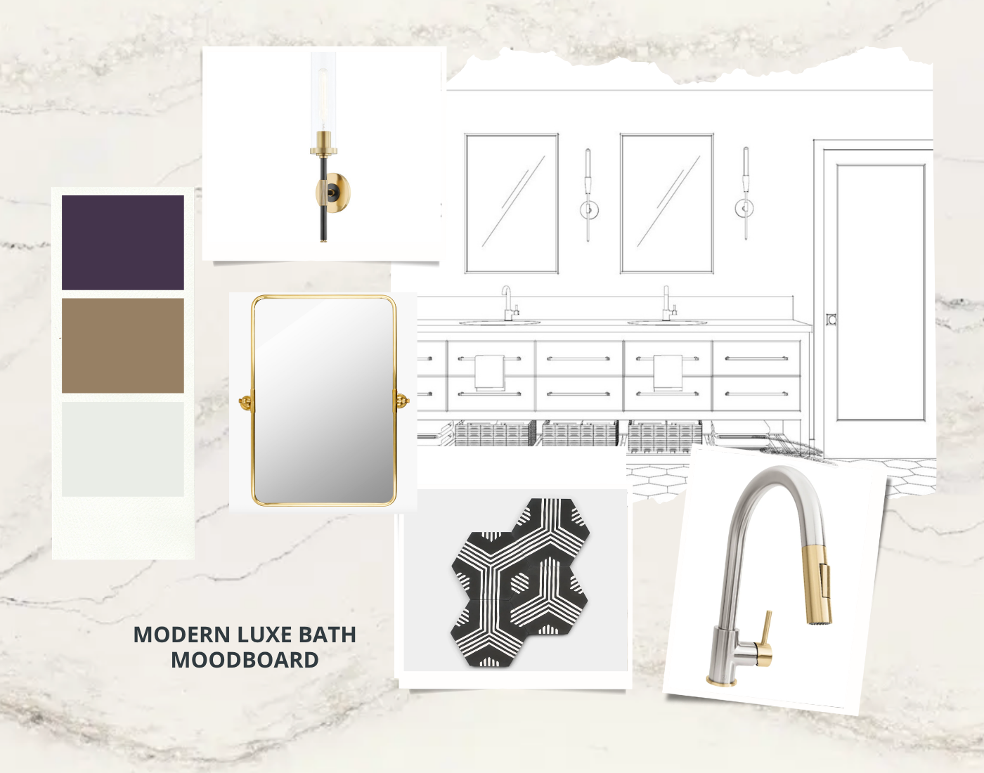 A sophisticated bathroom moodboard showcasing a modern luxury interior design concept with rich plum, warm taupe, and soft gray tones layered against a marble-inspired background. The design includes brass wall sconces, a gold framed mirror, geometric black-and-white tile, mixed metal plumbing fixtures, and a custom double vanity elevation. The overall aesthetic blends soulful elegance with functional modern design, creating a refined spa-inspired bathroom retreat. Designed for luxury residential interiors in Charlotte, North Carolina.