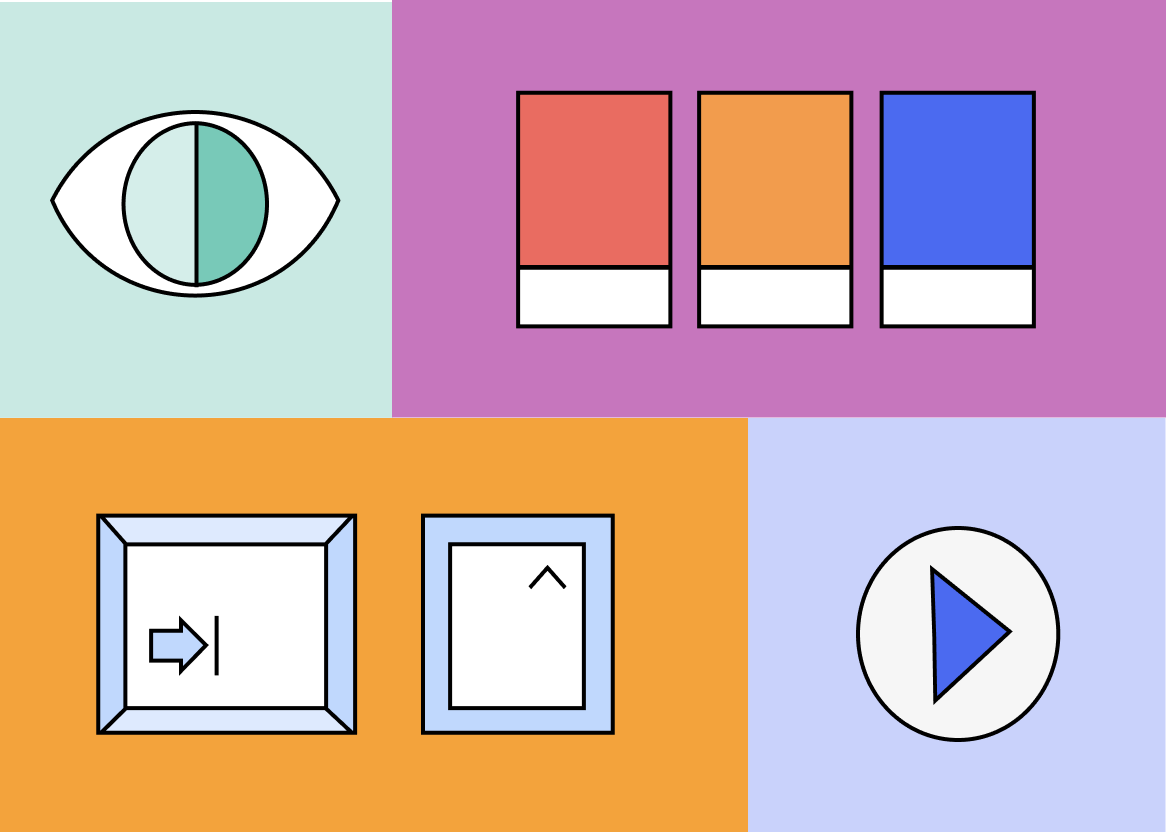 Cover image for accessibility in data visualization, with an eye symbolizing color contrast, some colour panels color deficiancy, a keyboard for keyboard navigation and a play button.