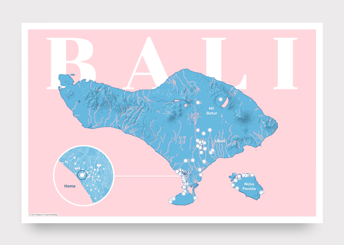 A modern postcard design of the island of Bali, where the island is blue and the surrounding water is pink. There’s a huge Bali sign behind it in all caps in white, and there are multiple white dots scattered across the island, showing the places the author has visited.