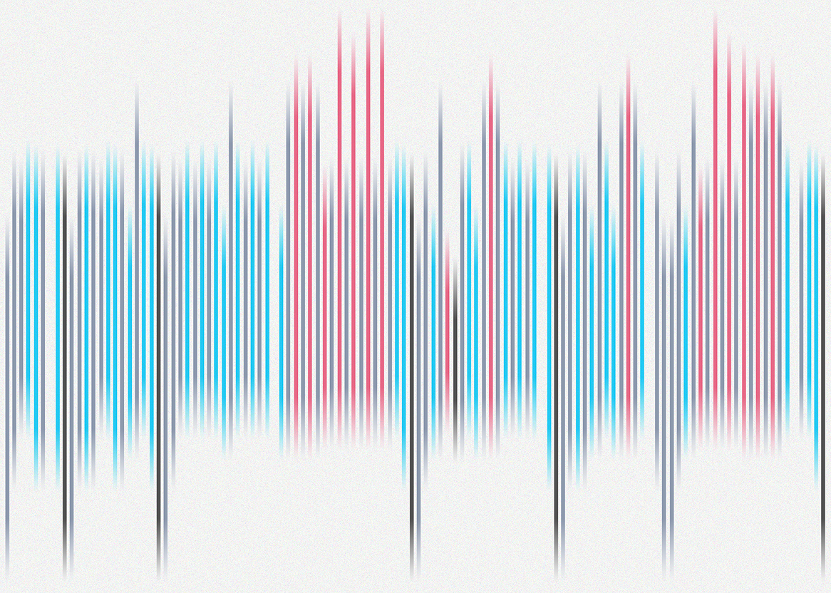 A postcard-like visualization consisting of multiple vertical lines quite close to each other in different length and colour, which are all data points from a snowboarding trip in Austria. Line colour shows slope difficulty (blue = beginner, red = intermediate, black = advanced; grey = ski lifts). Line position shows altitude, while length represents distance travelled.
