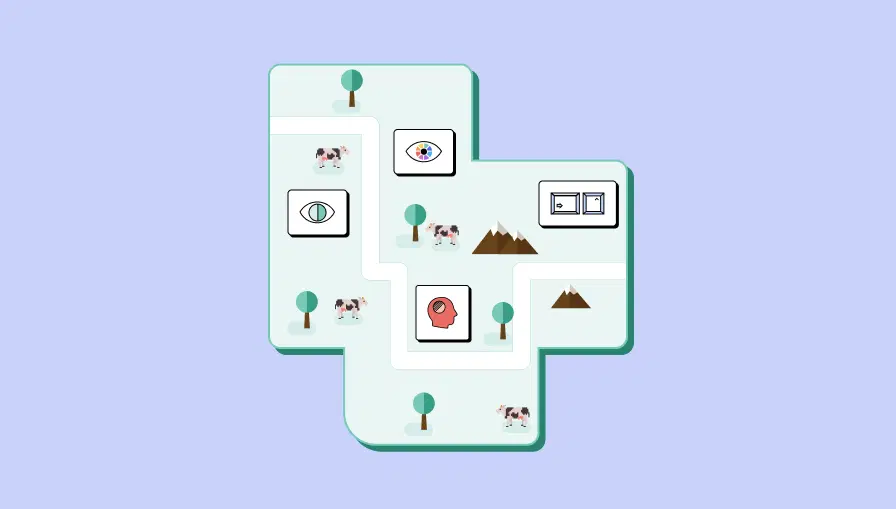 An illustration of a small map in a video game style with icons next to a winding road on an island. The icons represent color vision deficiencies, low vision, cognitive disabilities and assistive technology users.