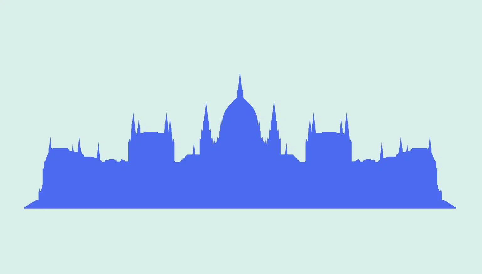 A blue drawing of the Hungarian Parliament set against a light green background.