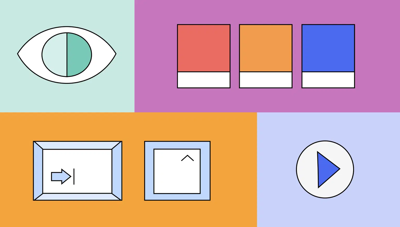 Cover image for accessibility in data visualization, with an eye symbolizing color contrast, some colour panels color deficiancy, a keyboard for keyboard navigation and a play button.