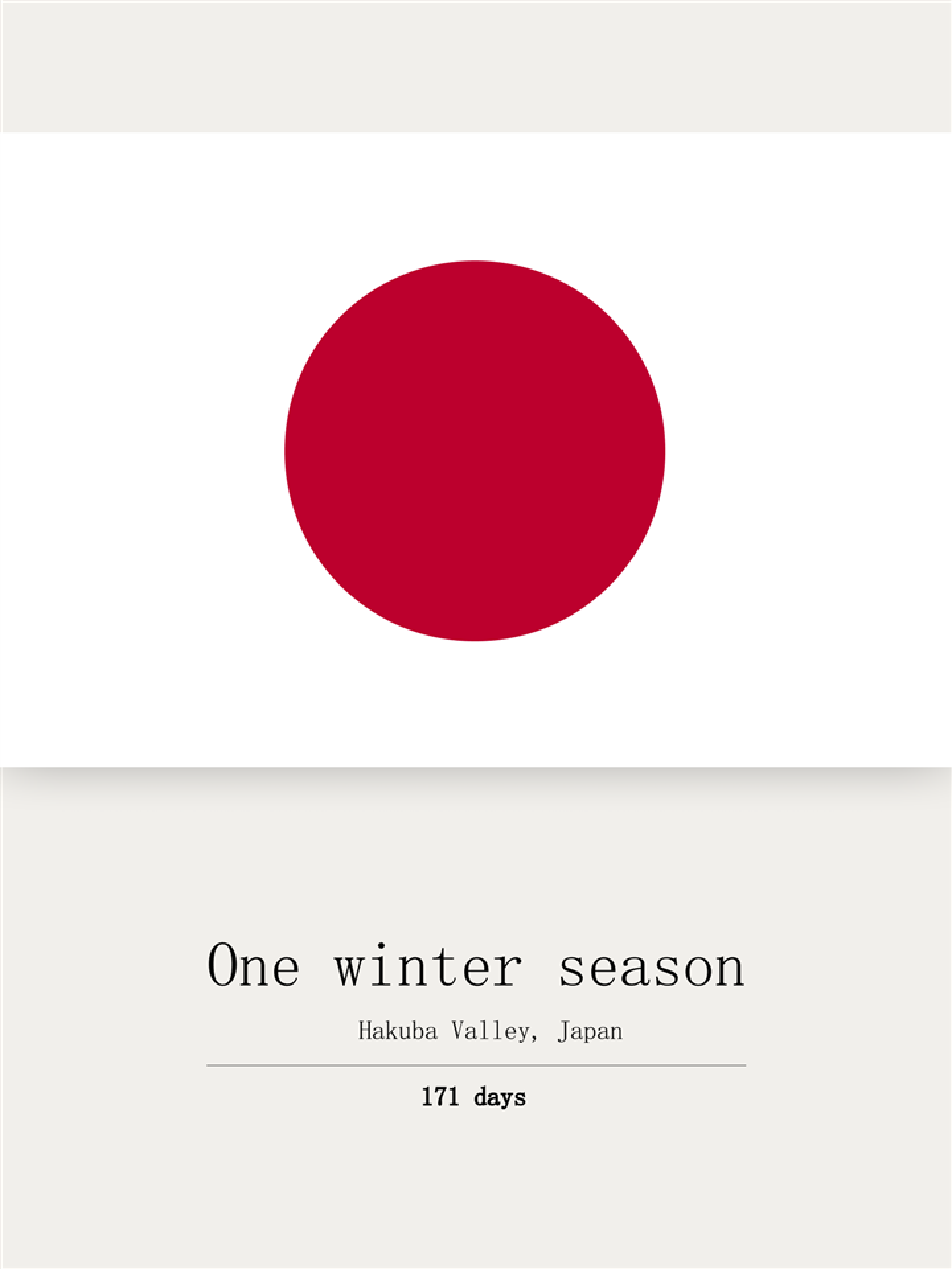 A poster consisting of the Japanese flag and the text that says: ‘One winter season. Hakuba Valley, Japan. 171 days’ showing that it’s about some kind of personal statistics.