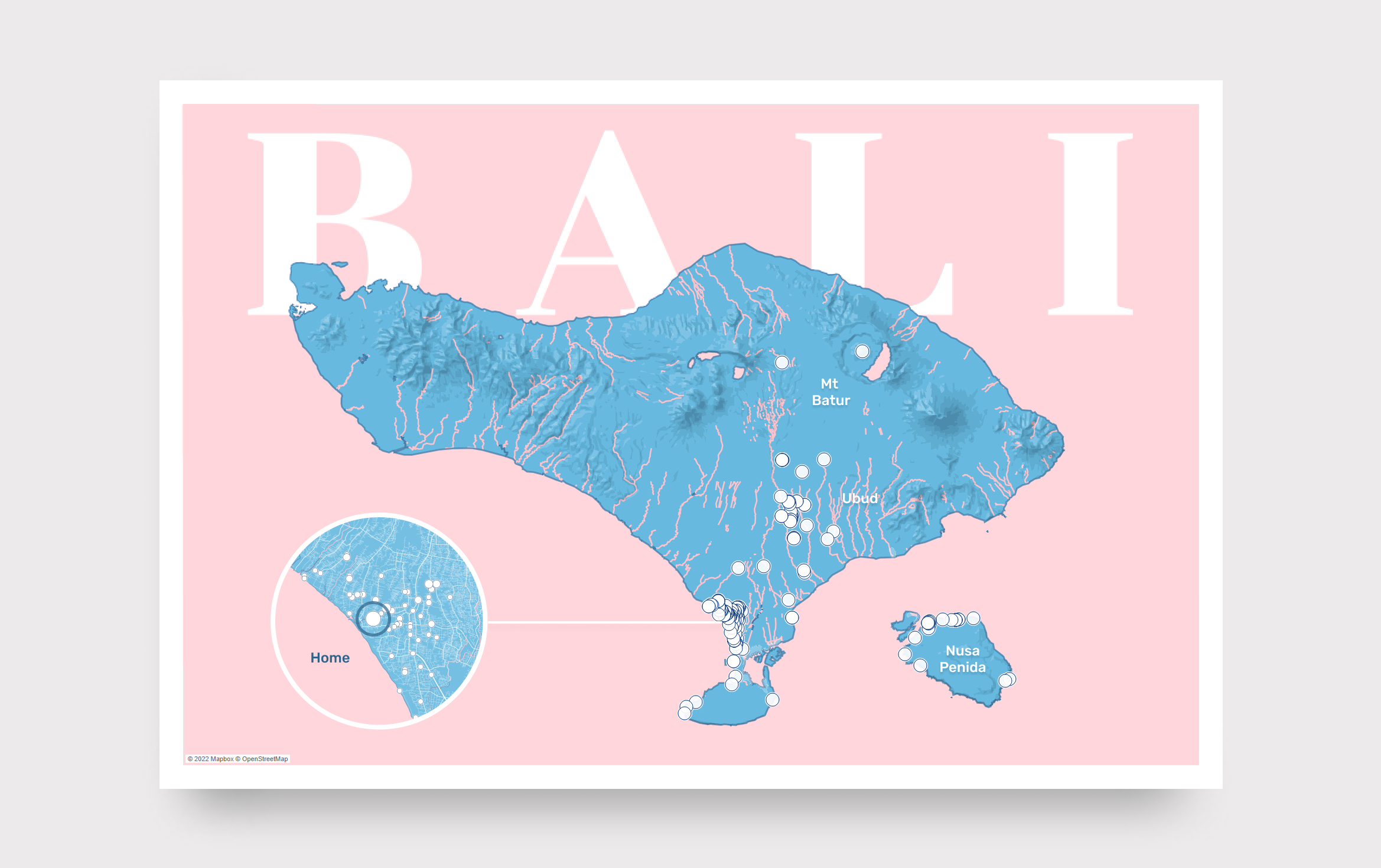 A modern postcard design of the island of Bali, where the island is blue and the surrounding water is pink. There’s a huge Bali sign behind it in all caps in white, and there are multiple white dots scattered across the island, showing the places the author has visited.