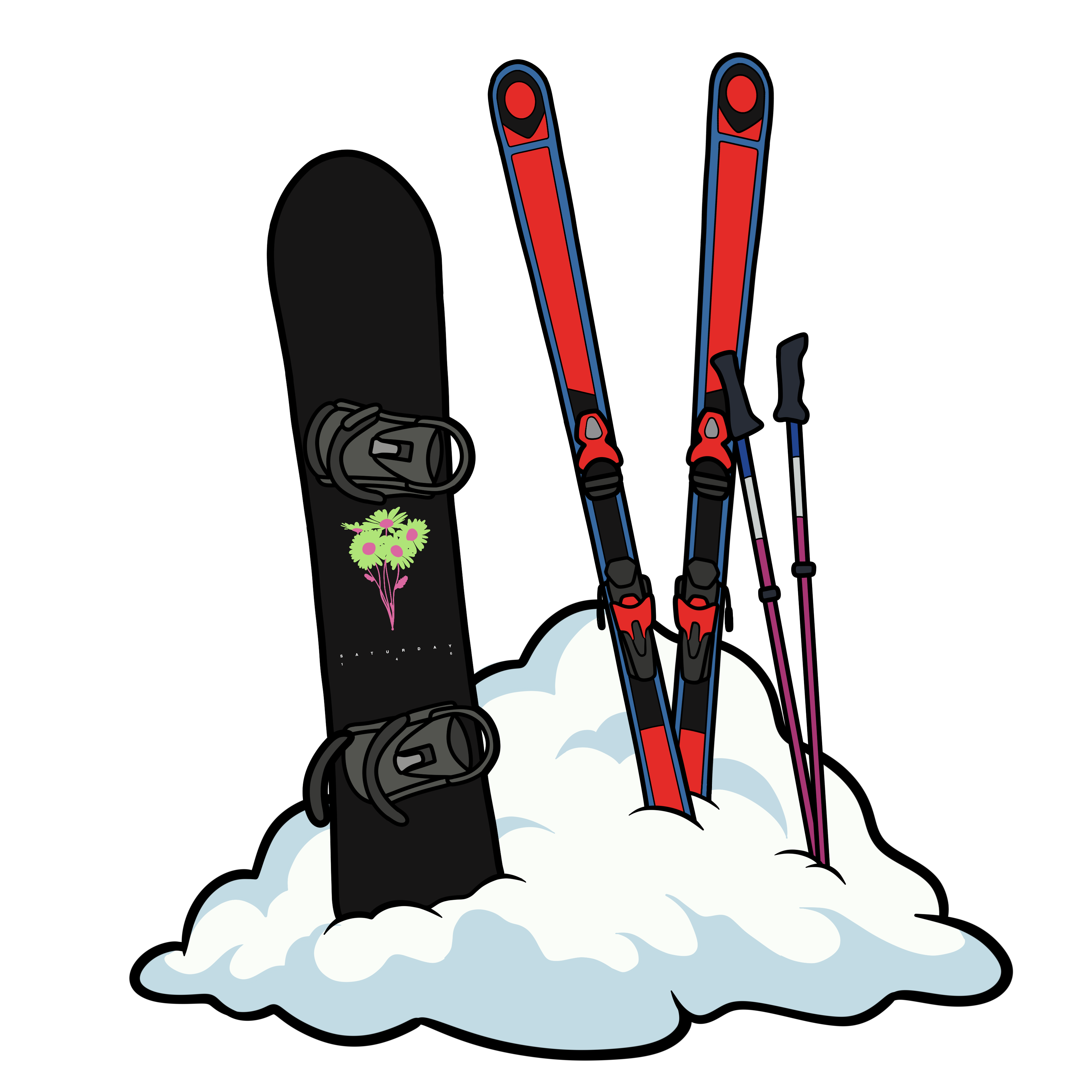 A drawing of a my skis, poles, and a snowboard in a pile of snow. The poles are pinks, the skis are red and the snowboard is black with a bright neon flower in the middle.
