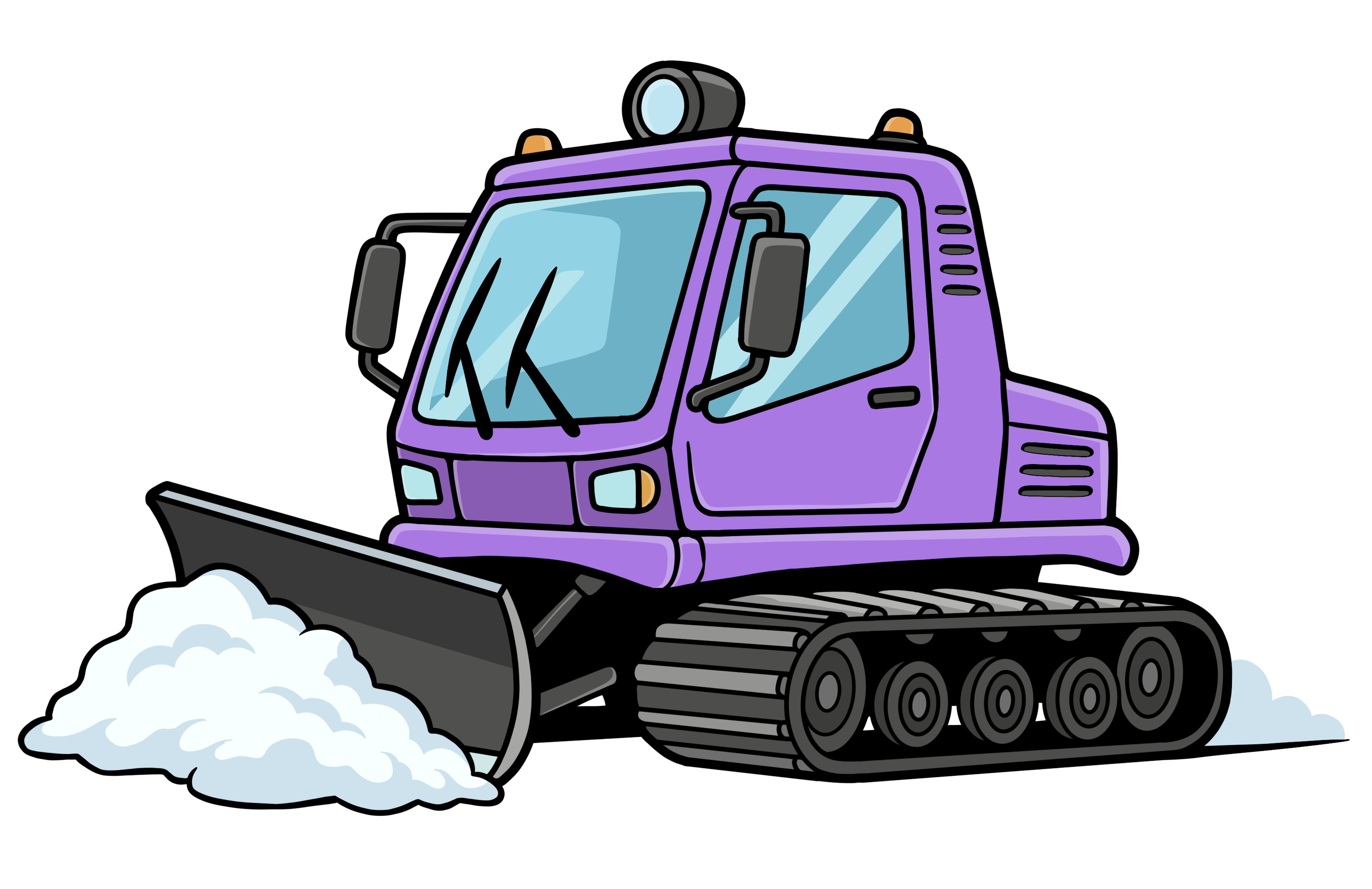 - A drawing of a snow groomer in bright purple, pushing a pile of snow to the left.