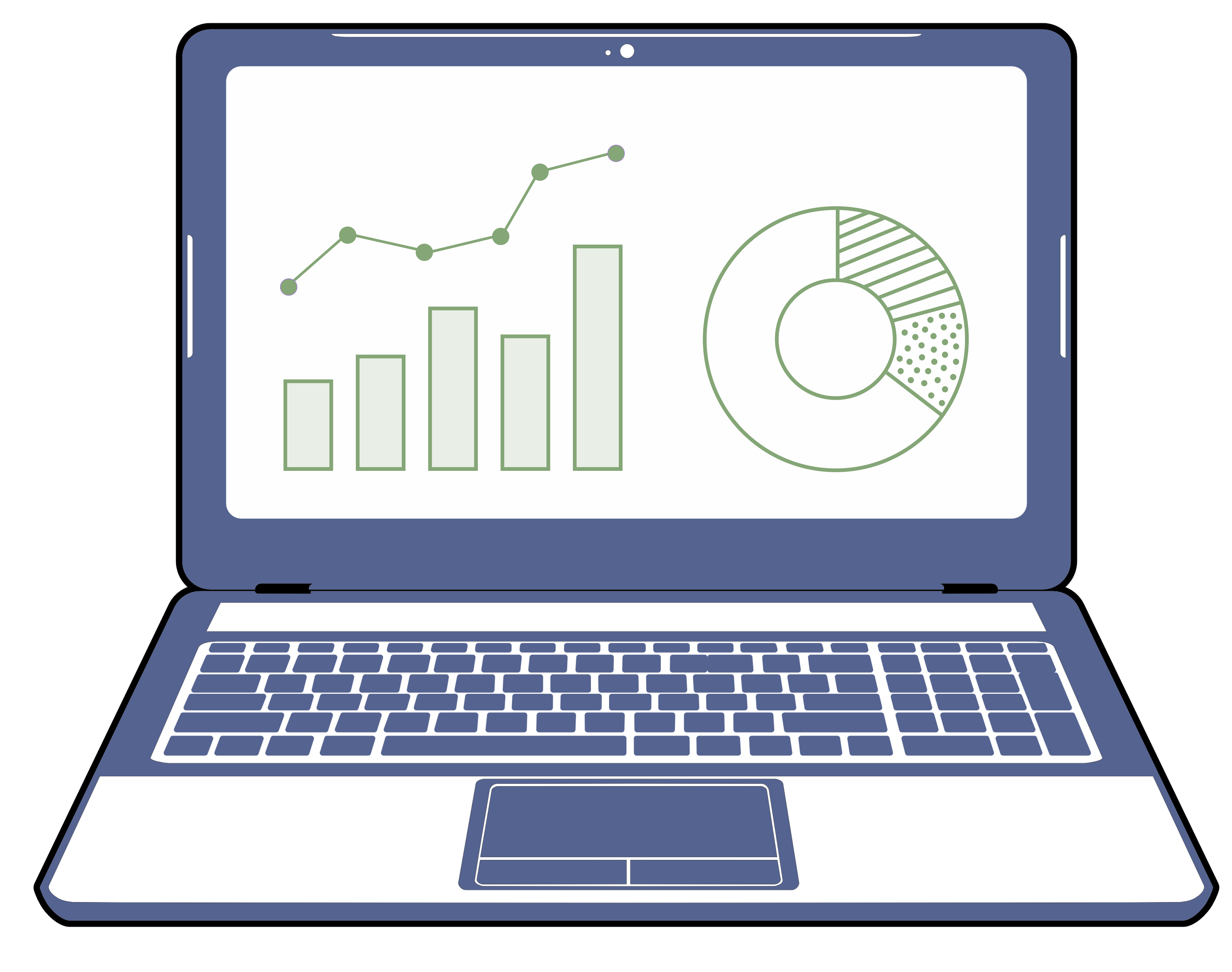 A drawing of my own dark blue Lenovo laptop. On its screen are three data visualizations: a bar chart and a line chart in the left, and a pie chart on the right.