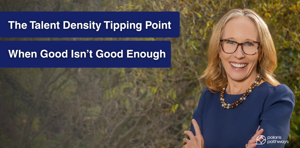 Smiling woman in blue with glasses beside text: The Talent Density Tipping Point, When Good Isn’t Good Enough