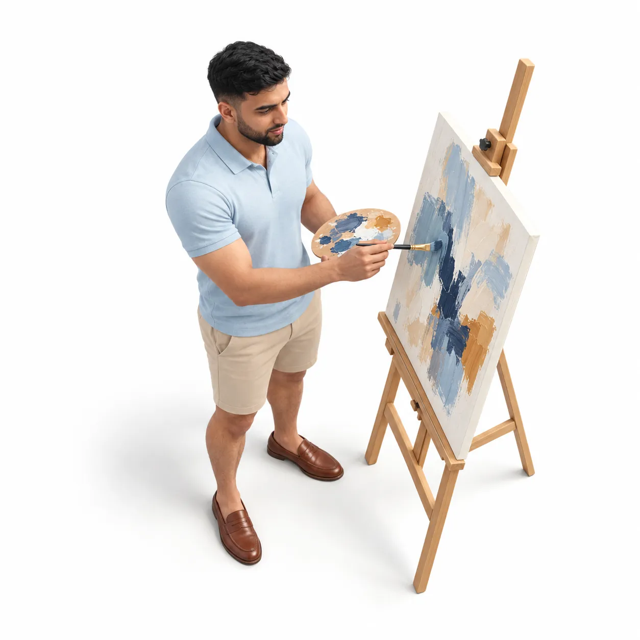Isometric illustration of Sarvesh painting at an easel in a light-blue polo and beige shorts