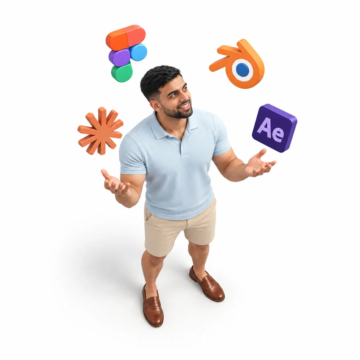 Isometric illustration of Sarvesh juggling Figma, Blender, Claude and After Effects logos