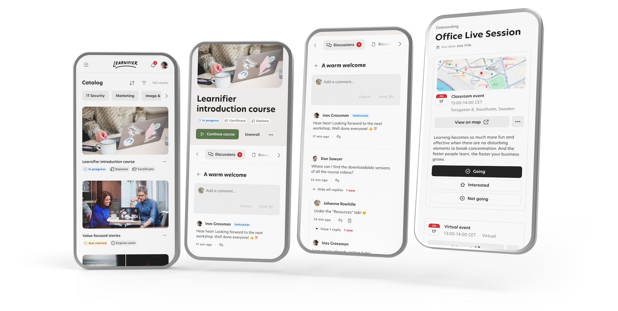 Mobile screenshots of Learnifier’s cloud-based LMS showing course catalog, introduction course, discussion threads, and live session scheduling.