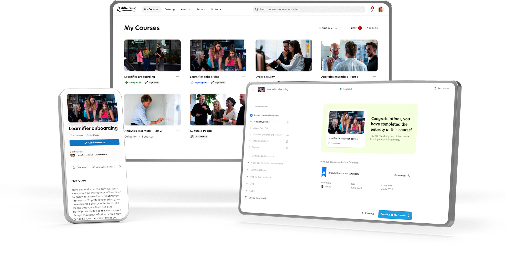 Screenshot des Learning Management Systems von Learnifier mit Onboarding-Kursen, Analytics-Schulungen und Zertifikaten auf Desktop- und Mobilgeräten