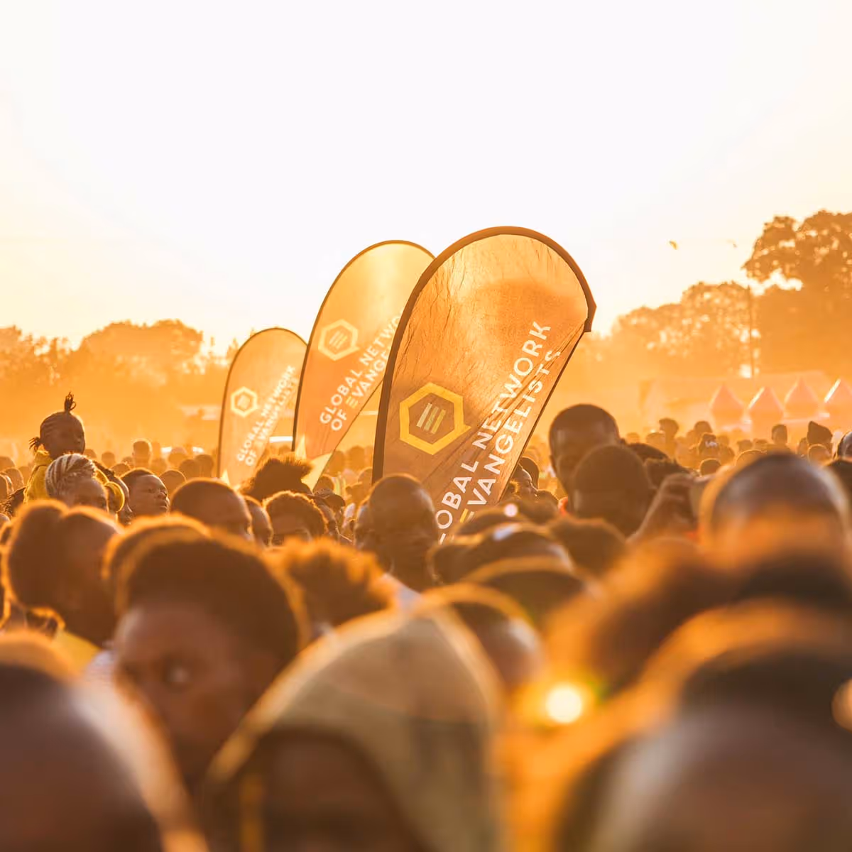 A  large crowd of people gathered together during golden hour 