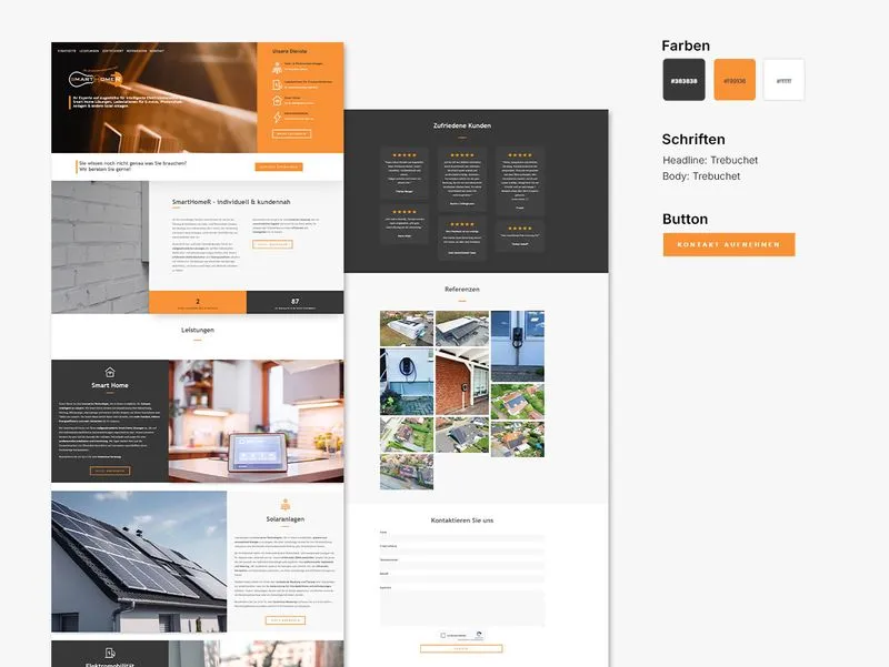 Website von SmartHomer SolarPlus mit Startseite, Unterseiten und Gestaltungssystem