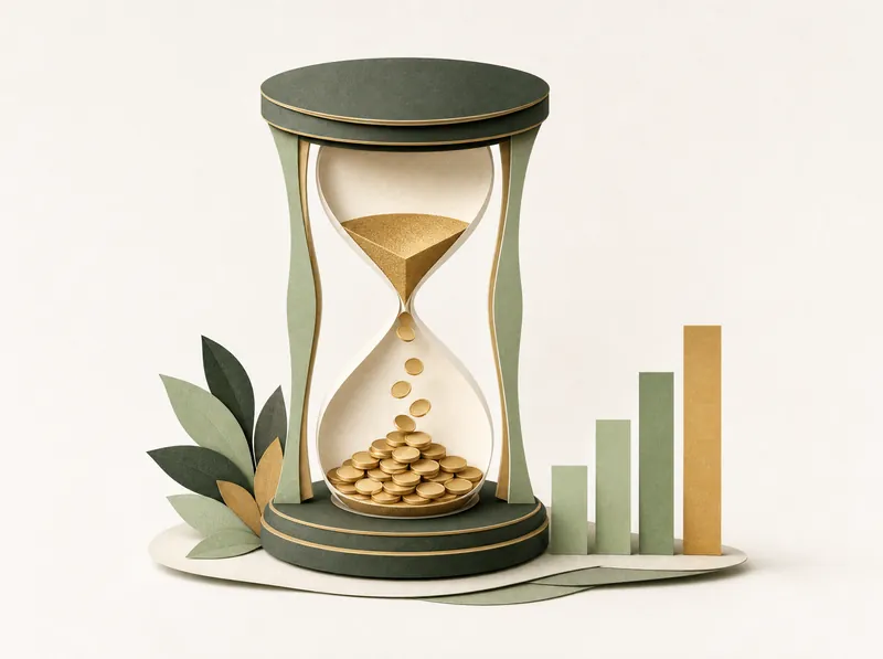 Illustration einer Sanduhr, in der Goldmünzen statt Sand nach unten fallen, daneben steigende Balken