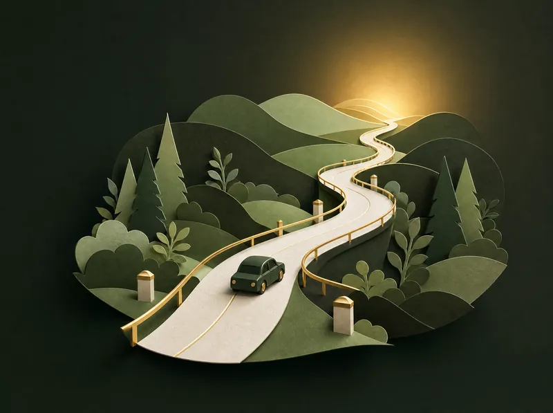 Illustration einer Straße mit goldenen Leitplanken durch eine hügelige Landschaft