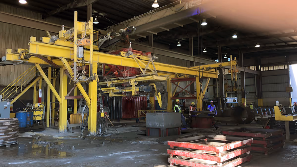 Large industrial warehouse with yellow overhead crane systems and stacks of materials on the concrete floor.