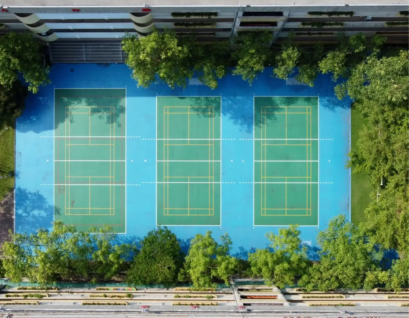 Aerial view of three tennis courts
