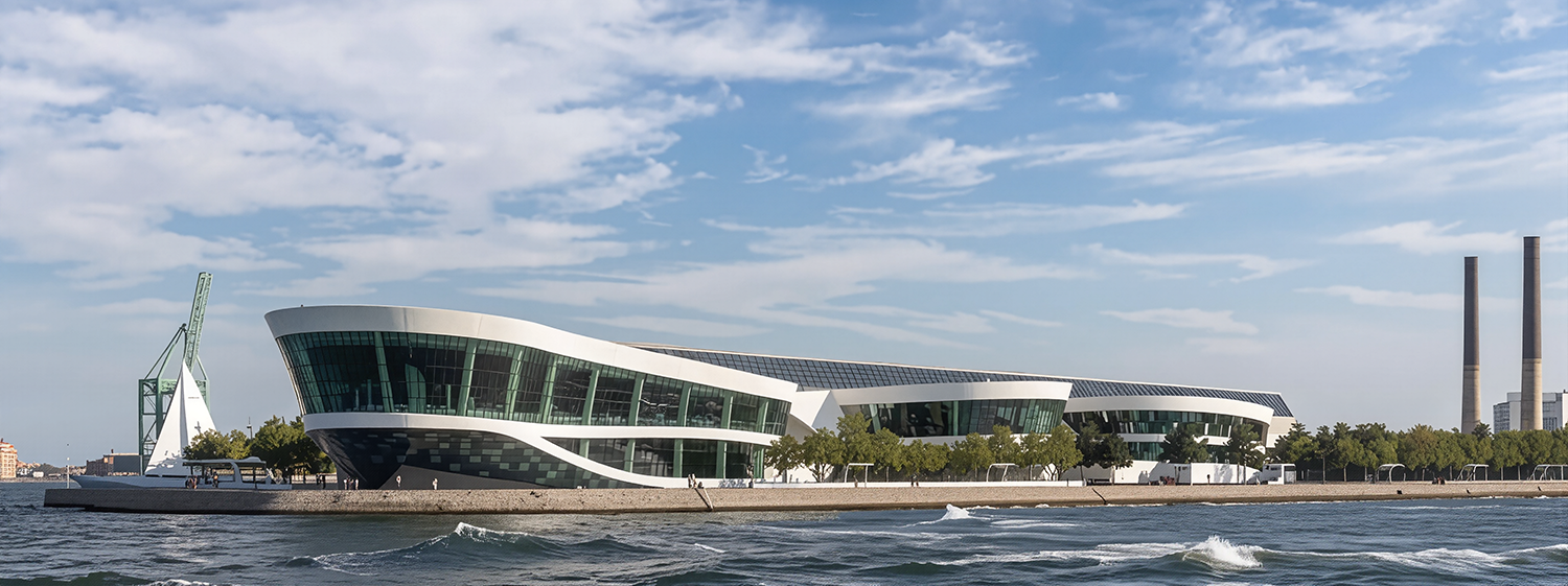 Modern waterfront building with curved glass façades, surrounded by trees and a beach, under a clear blue sky.