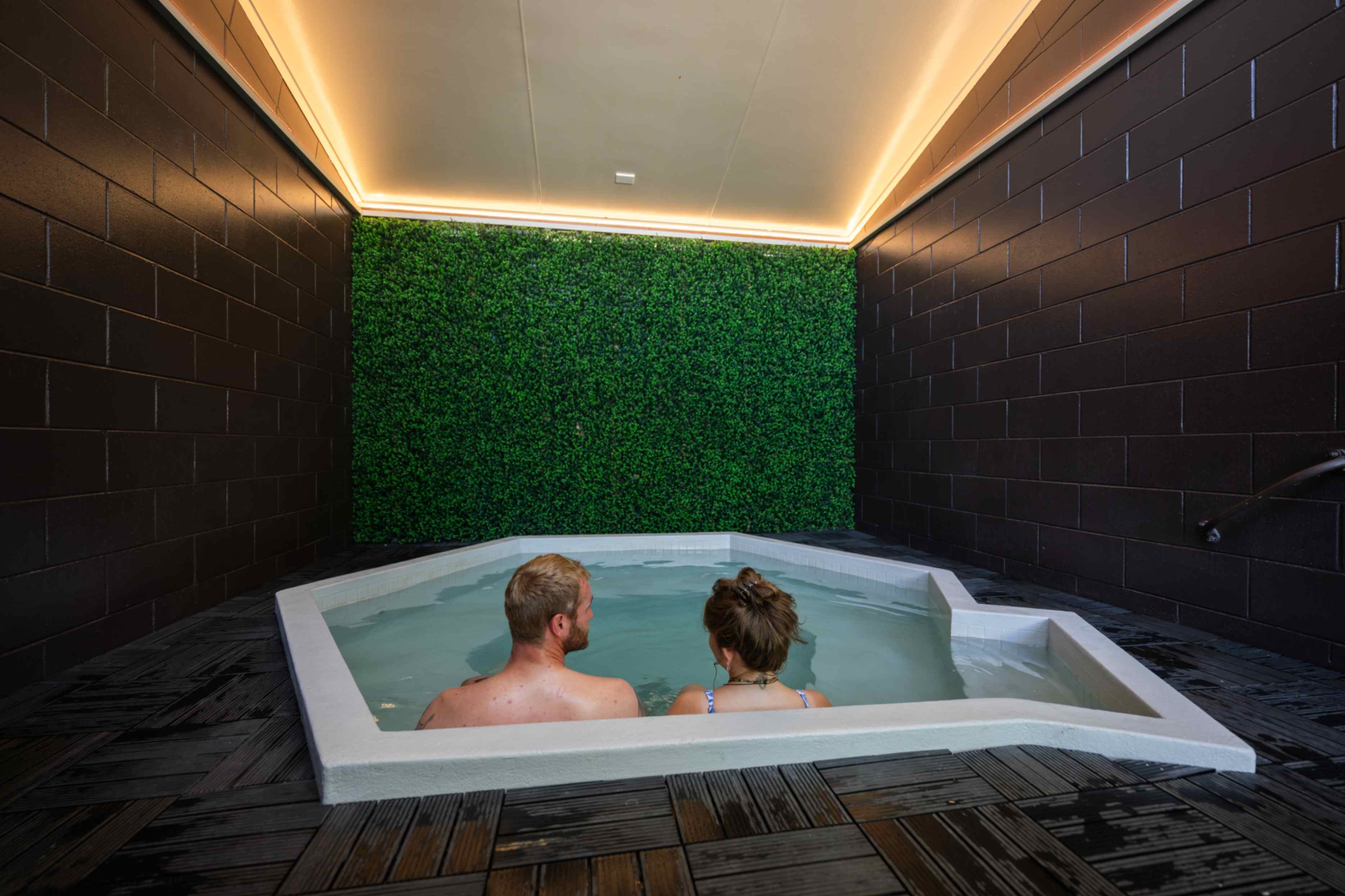 Aerial view of a swimming pool surrounded by lush greenery and a river, with a bridge nearby and buildings in the background.