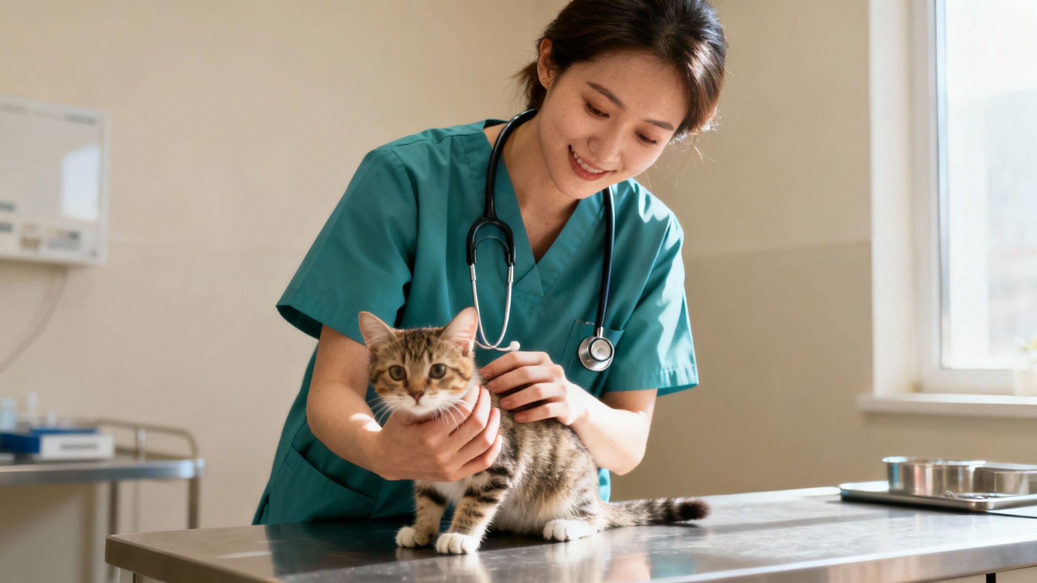 A smiling veterinarian gently examines a tabby kitten on a stainless steel table in a clinic.