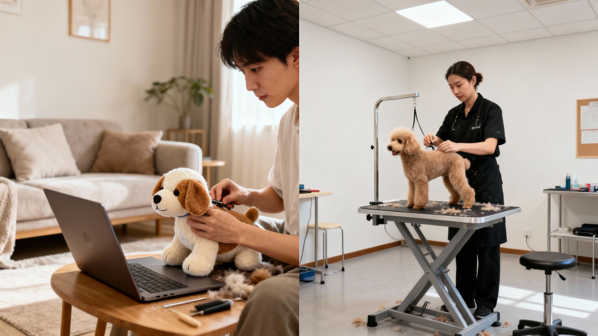 A man practices grooming a stuffed dog while a professional groomer works on a live poodle.