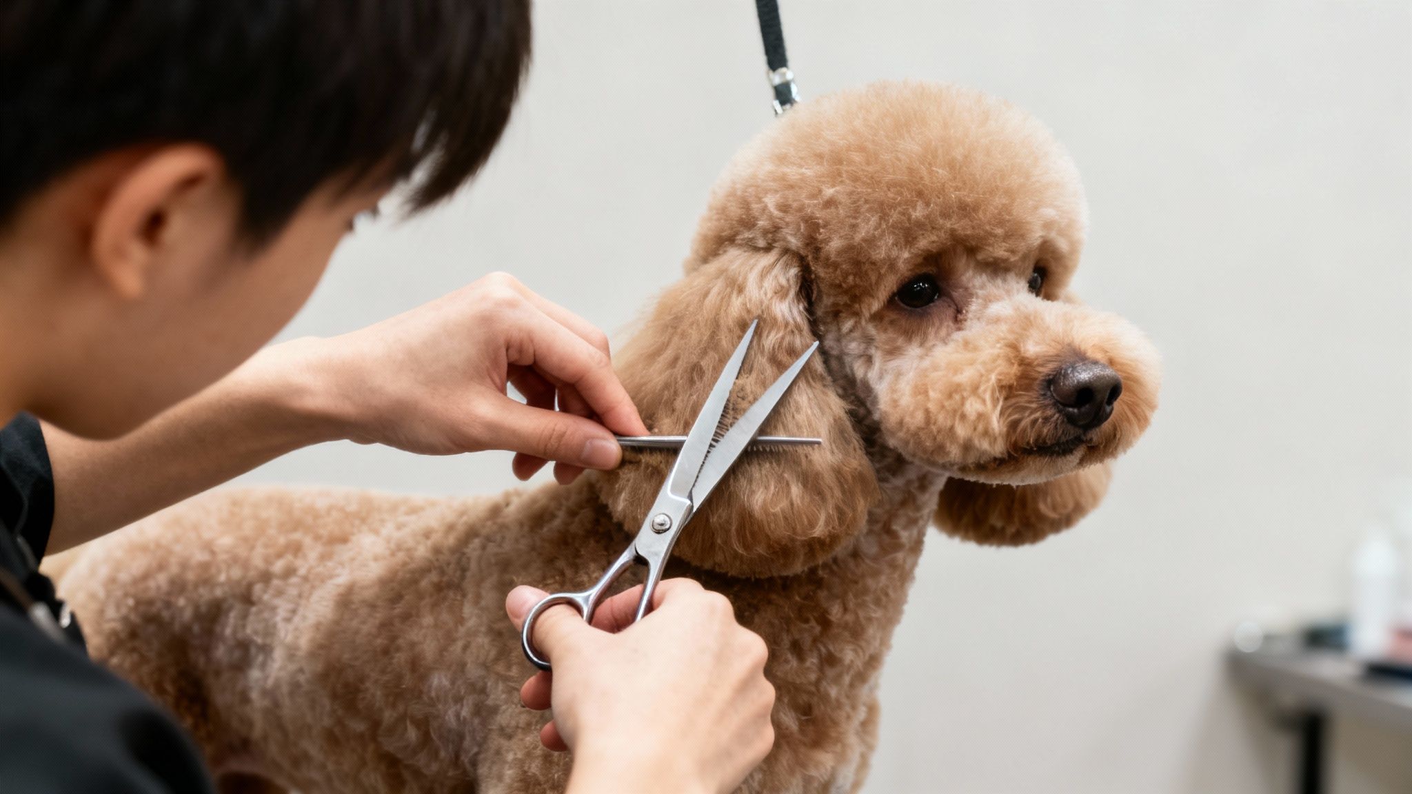 A professional groomer uses scissors to carefully trim a brown poodle's fur during a grooming session.