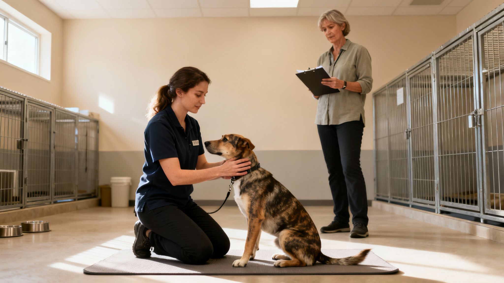 Two women with a dog in a clean dog training facility with kennels. One trainer kneels, petting the sitting dog.