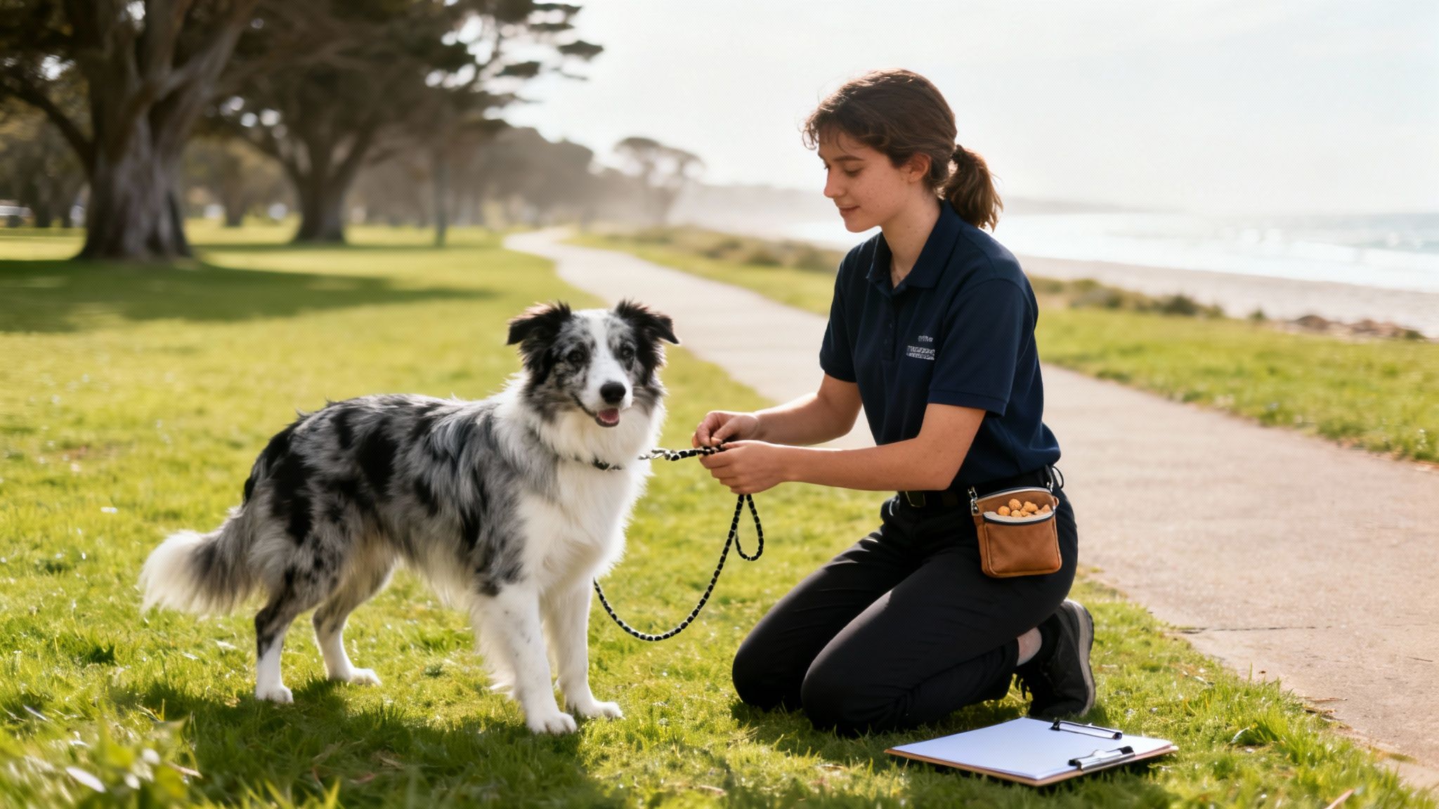 A female dog trainer kneels on grass, putting a leash on a Border Collie dog, with a beach in the background.
