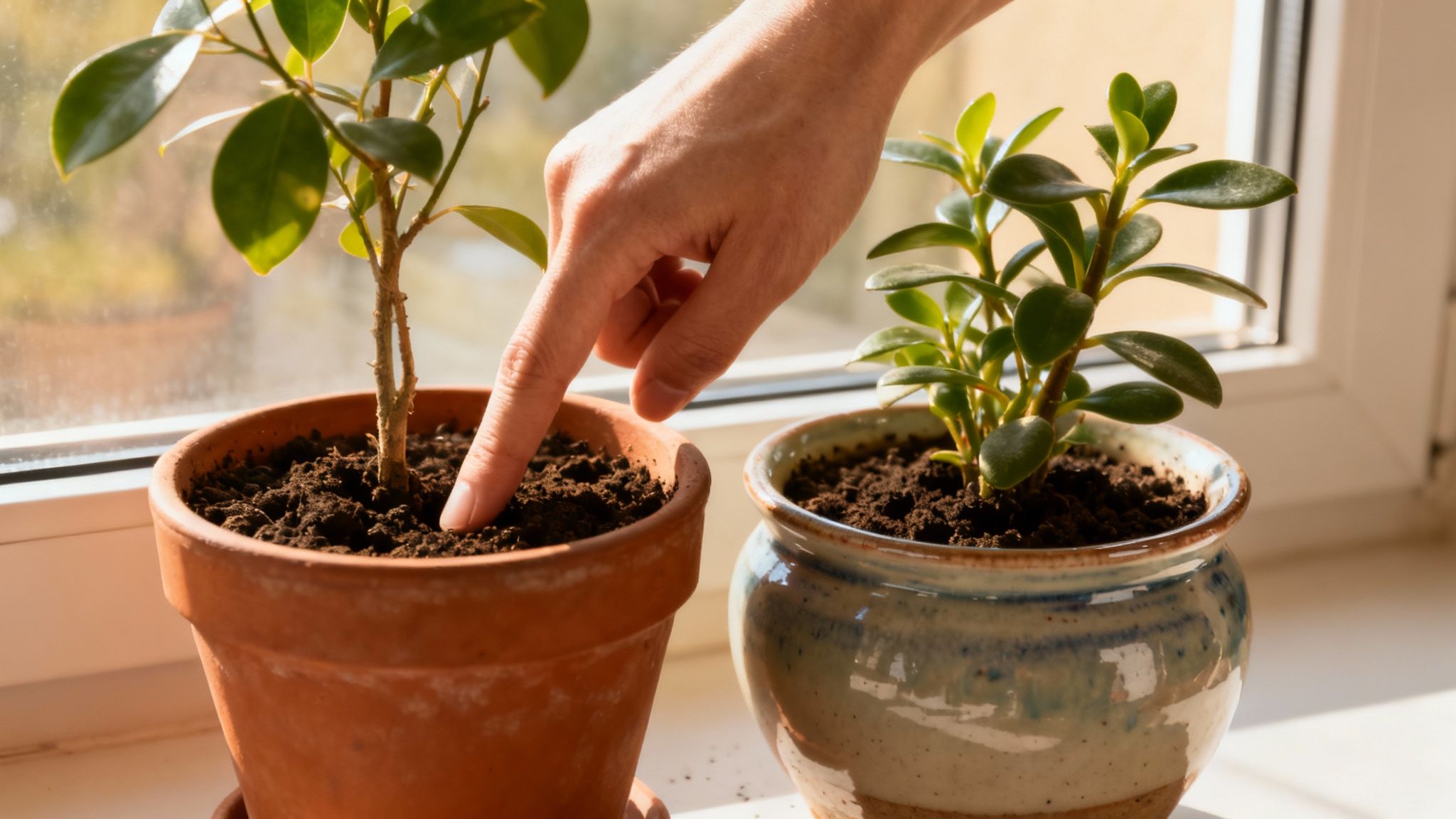 A hand gently touches the soil of a small potted plant, checking moisture on a sunny windowsill.