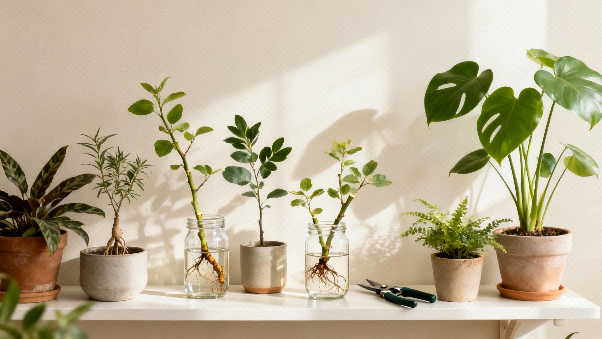 A serene indoor plant display with various potted plants and water propagation cuttings on a white shelf.