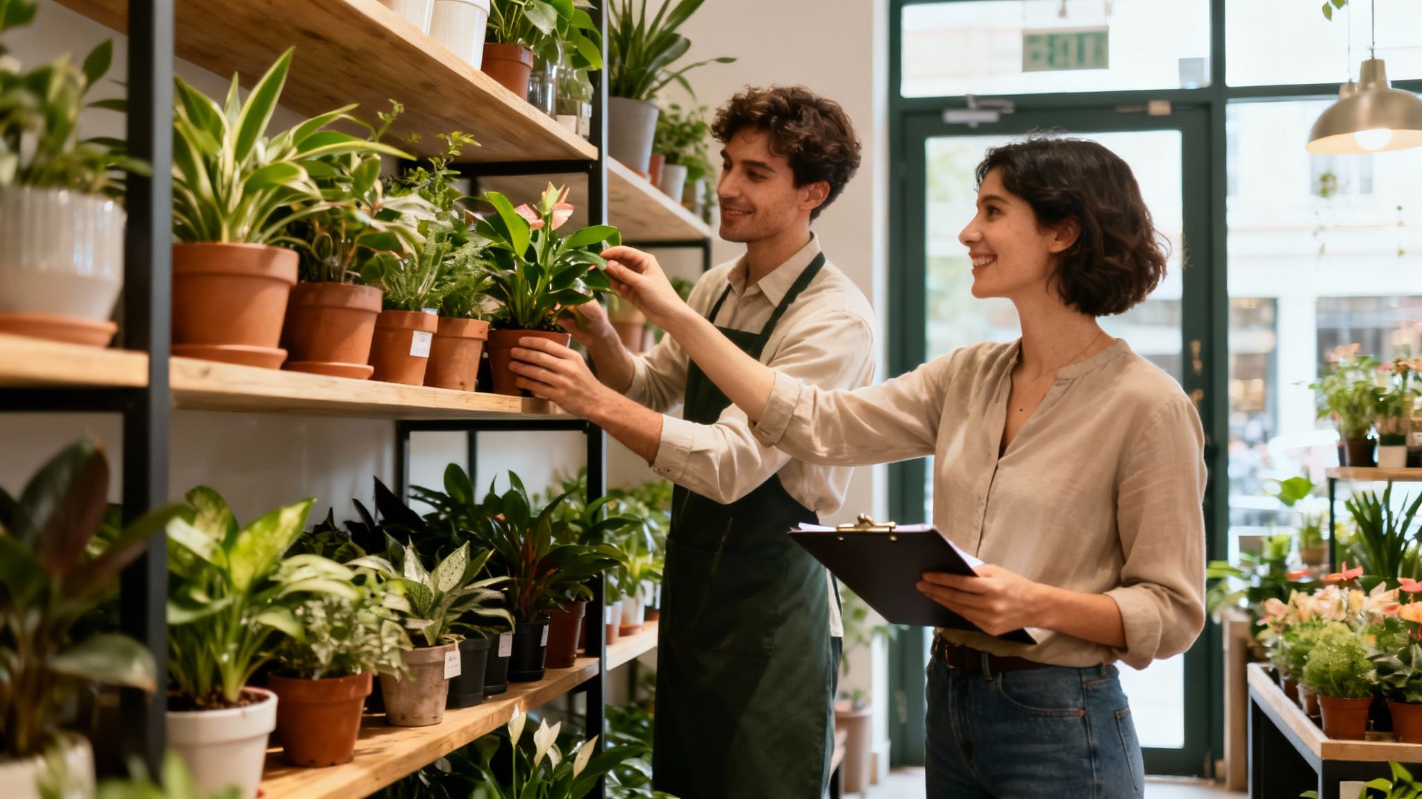 Two smiling plant shop owners, a man and a woman, tending to potted plants on shelves.