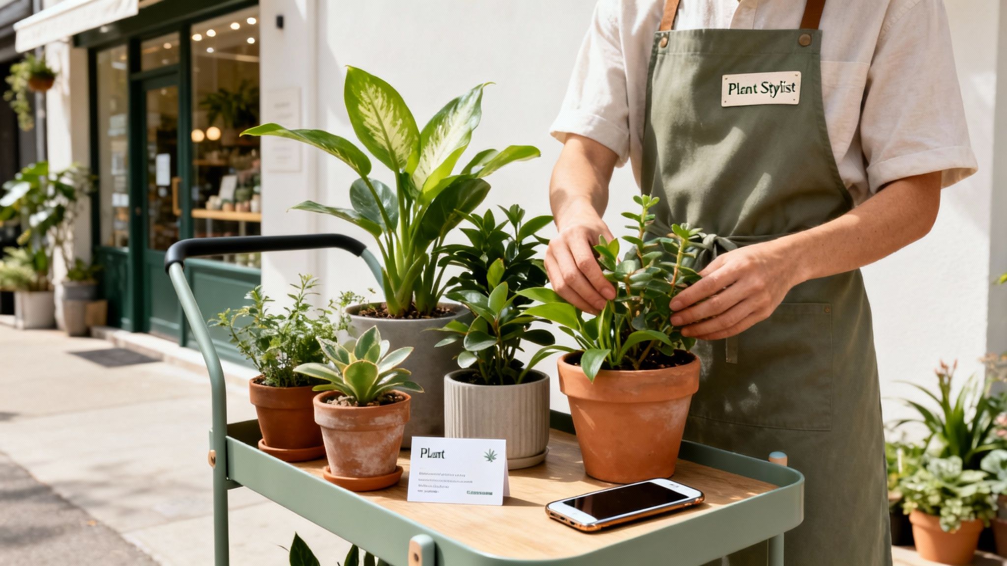 A plant stylist in a green apron arranging potted plants on a mobile cart outside a garden store.