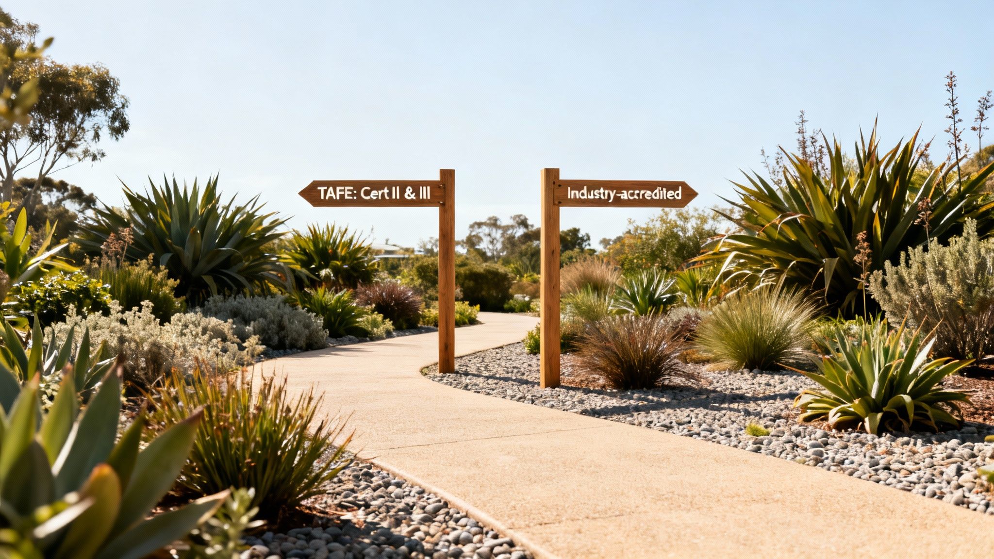 A garden path forks with two signposts offering choices: 'TAFE: Cert II & III' or 'Industry-accredited'.