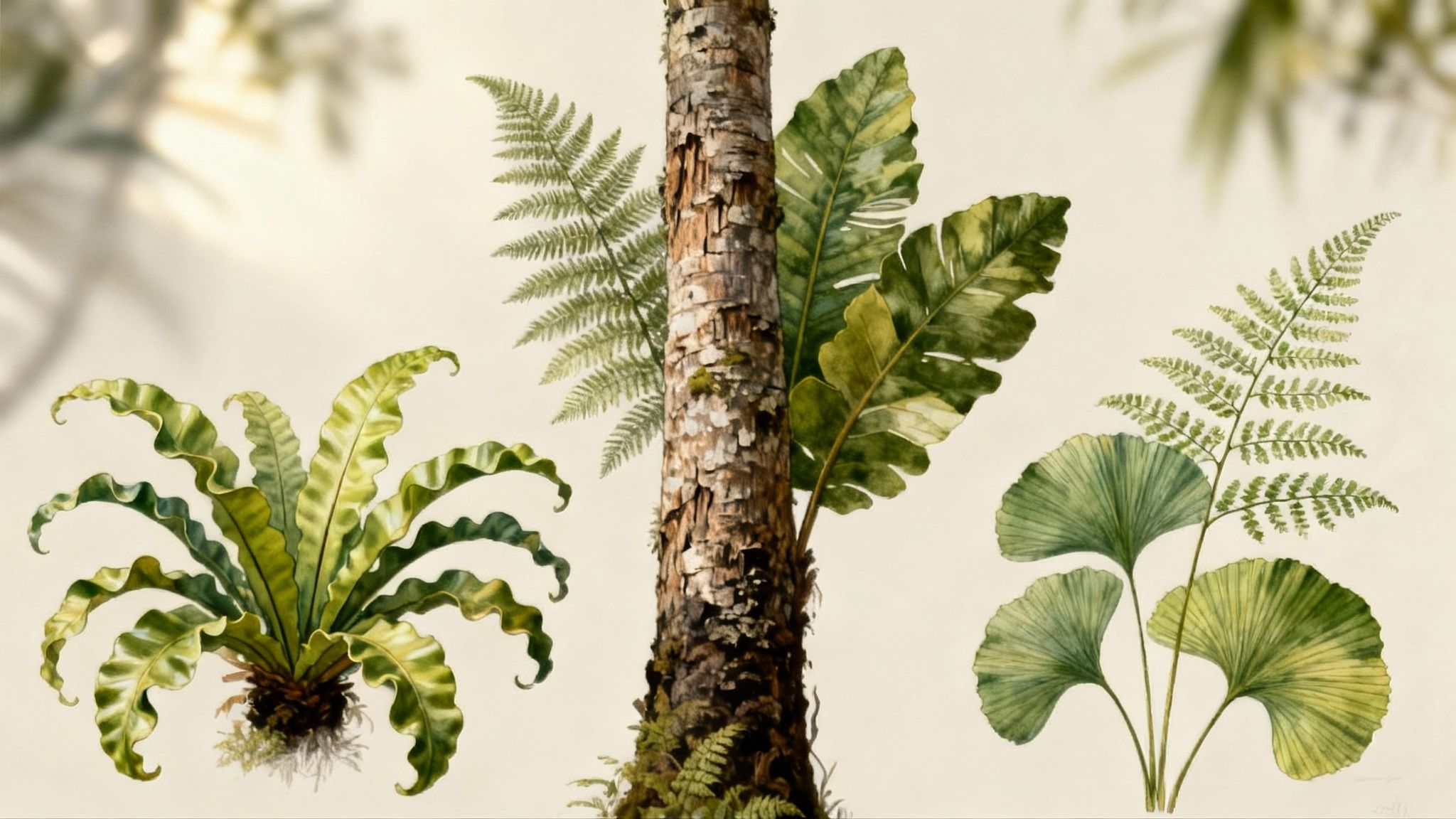 Watercolor illustration featuring various green ferns, a tree trunk, and botanical leaves on a light background.