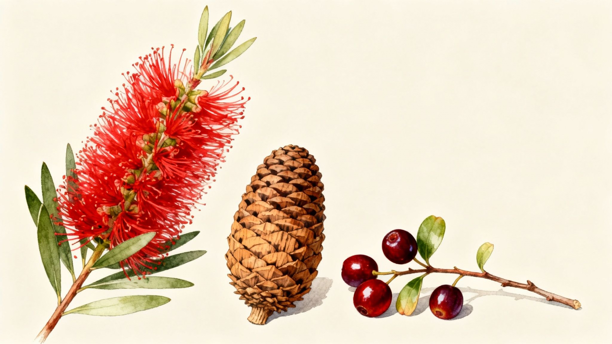 A botanical illustration featuring a vibrant red bottlebrush flower, a brown pine cone, and a sprig of red berries.