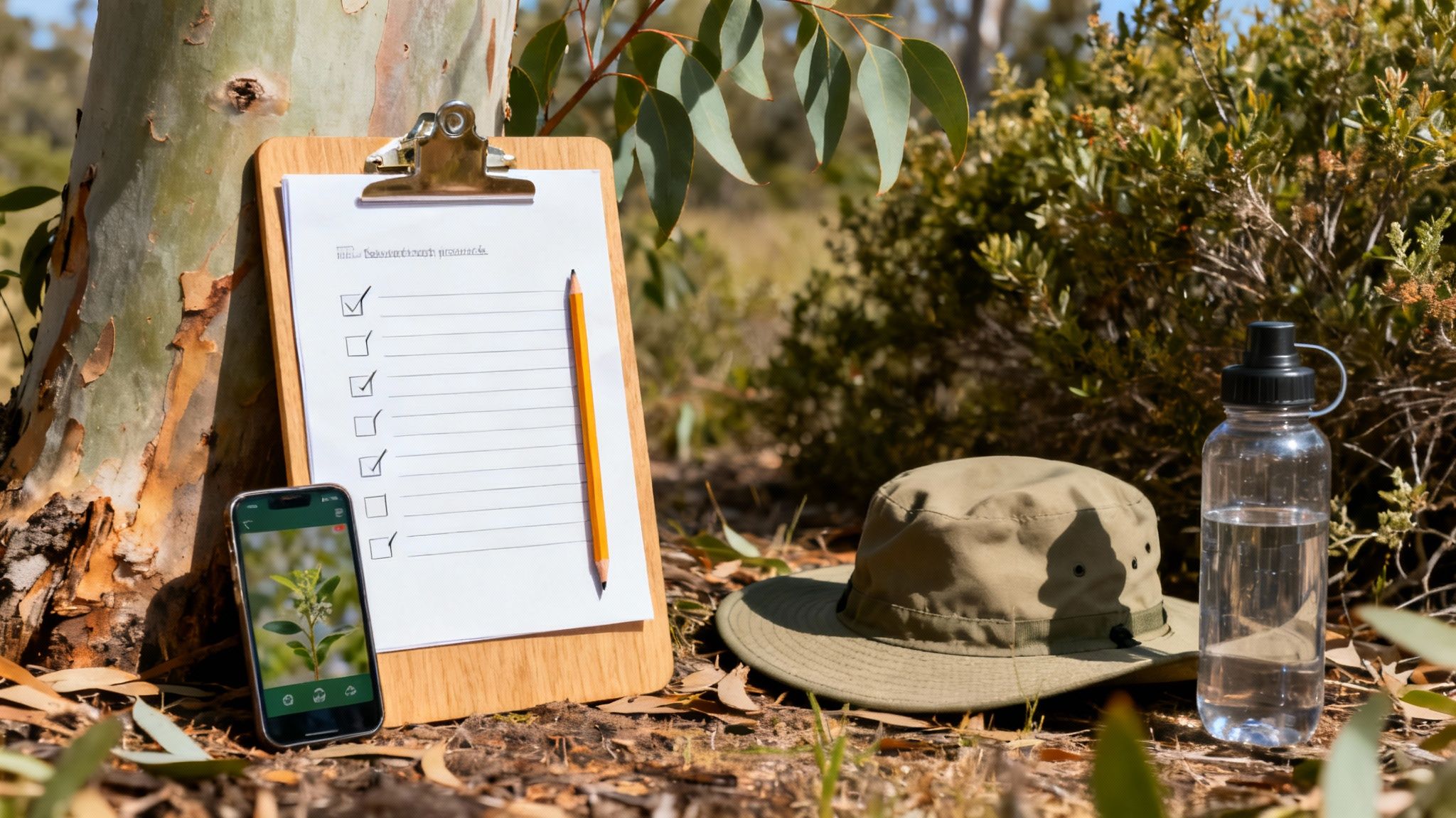 Outdoor study gear: clipboard checklist, phone with plant ID, hat, water bottle by a eucalyptus tree.