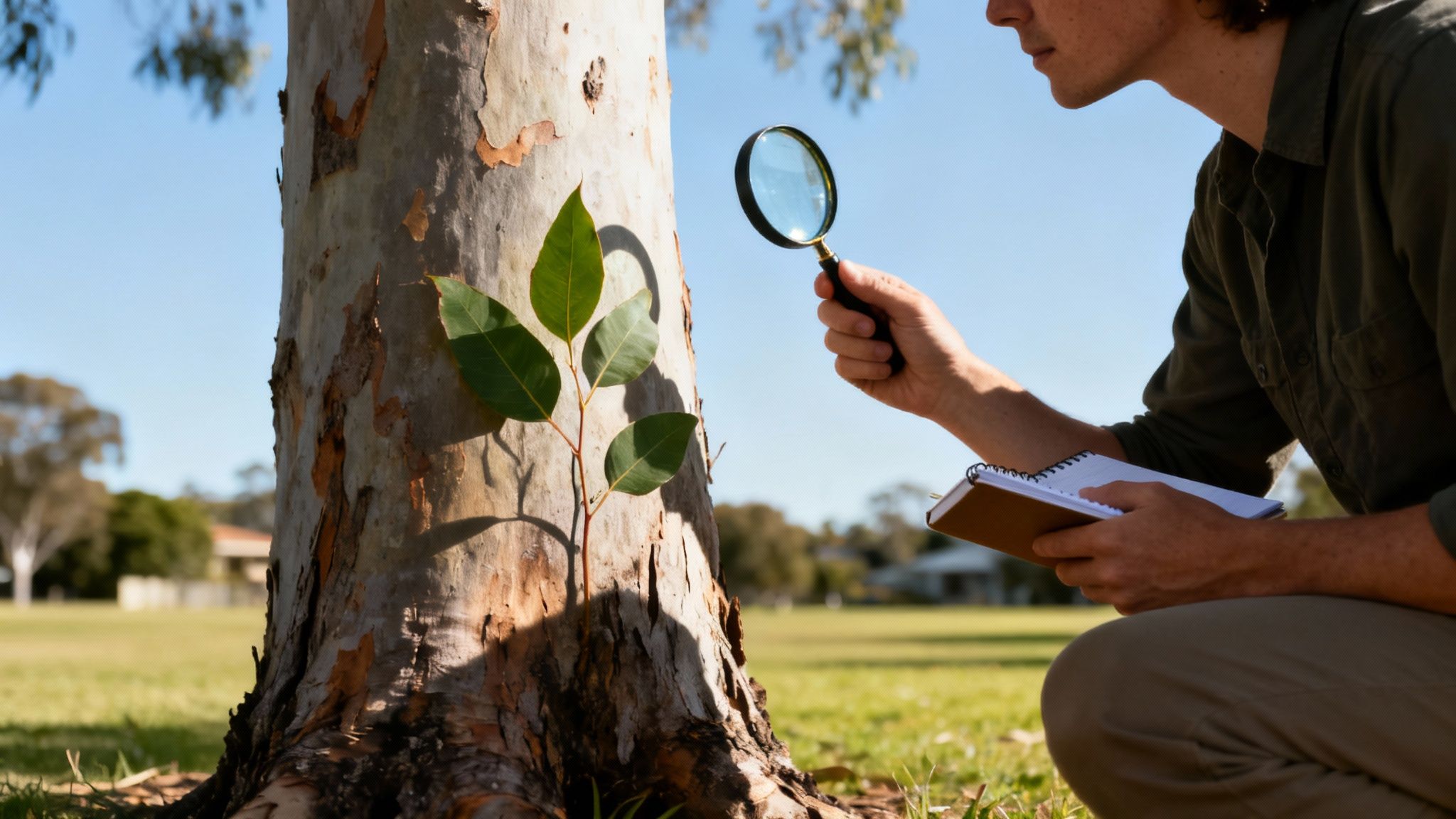 Person observing a small plant growing on a tree trunk with a magnifying glass.