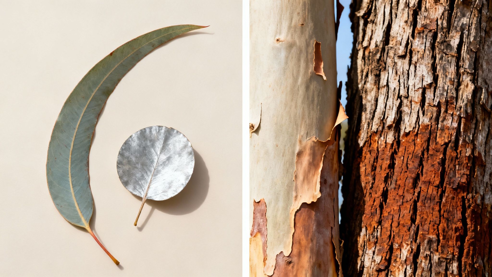 A long green eucalyptus leaf and a round silver leaf sit beside two tree trunks with peeling and rough bark.
