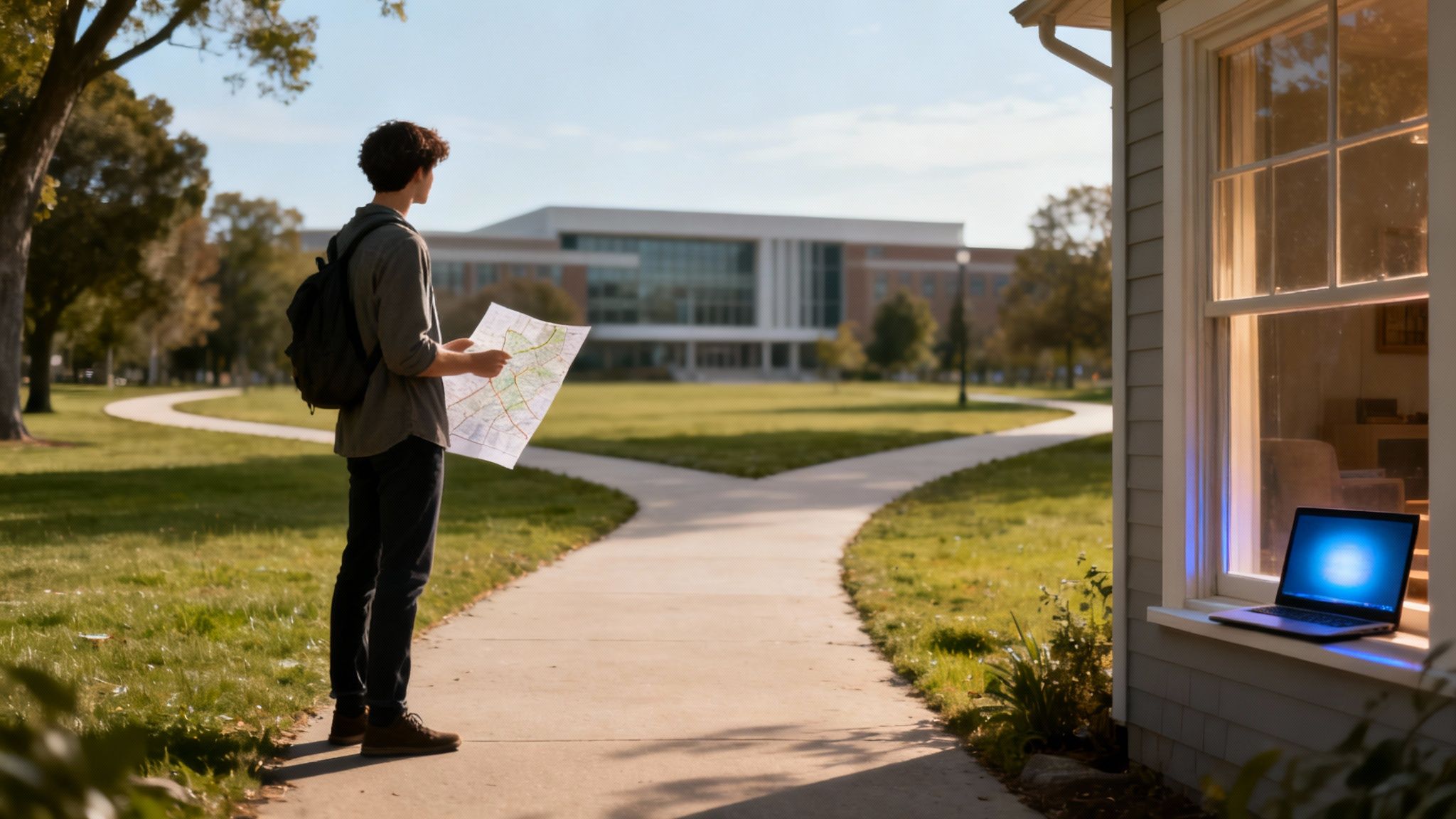 A student with a backpack holds a map at a path junction, looking at a building in the distance.