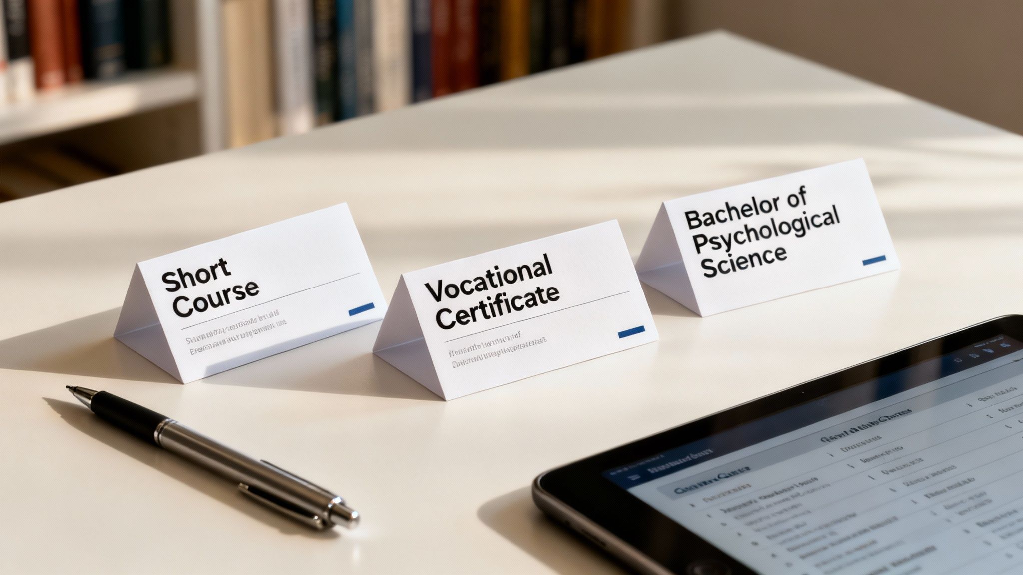 Three tent cards displaying 'Short Course', 'Vocational Certificate', and 'Bachelor of Psychological Science' on a study desk with a tablet.