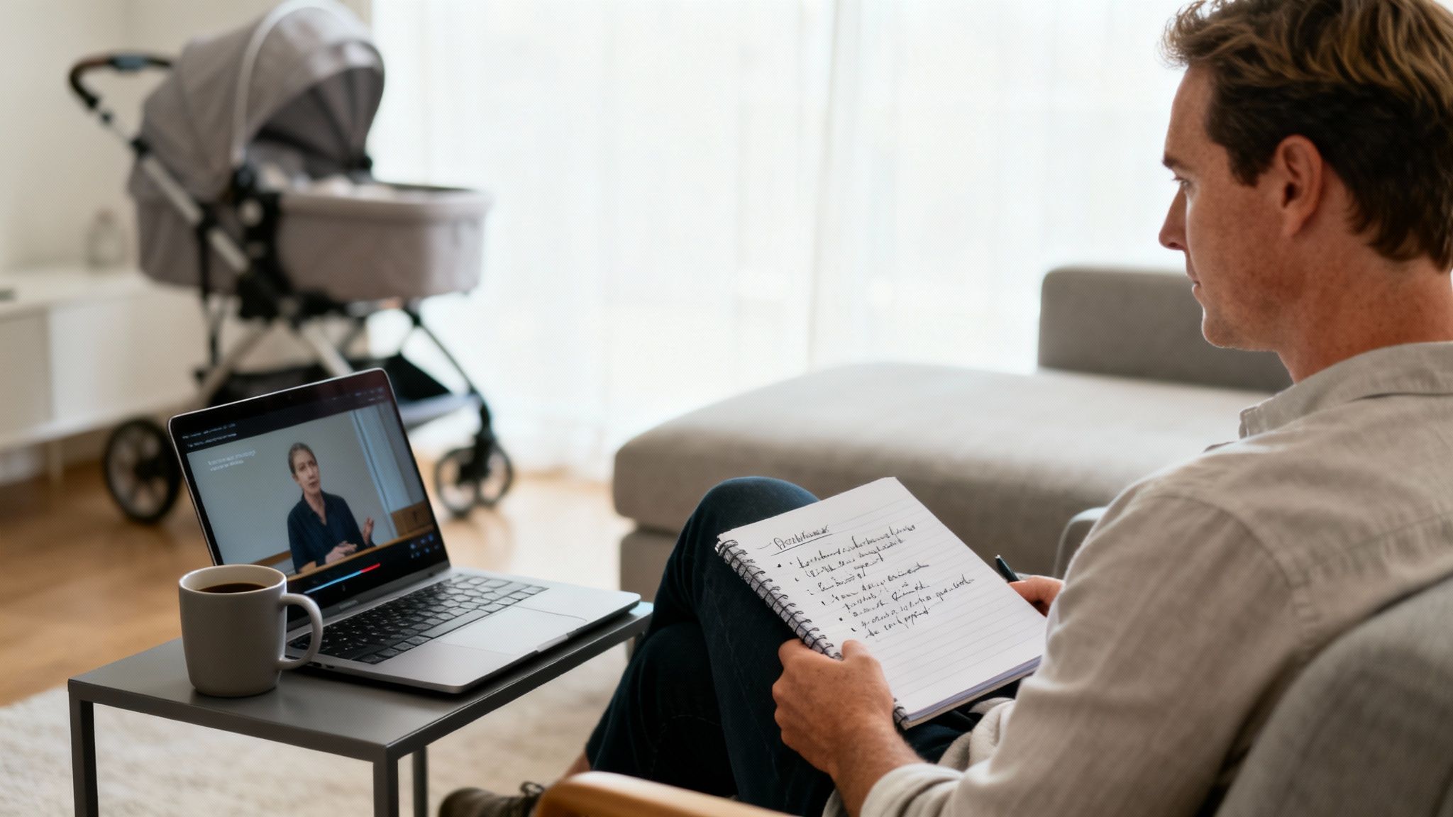 A man taking notes while watching an online lecture on a laptop at home.
