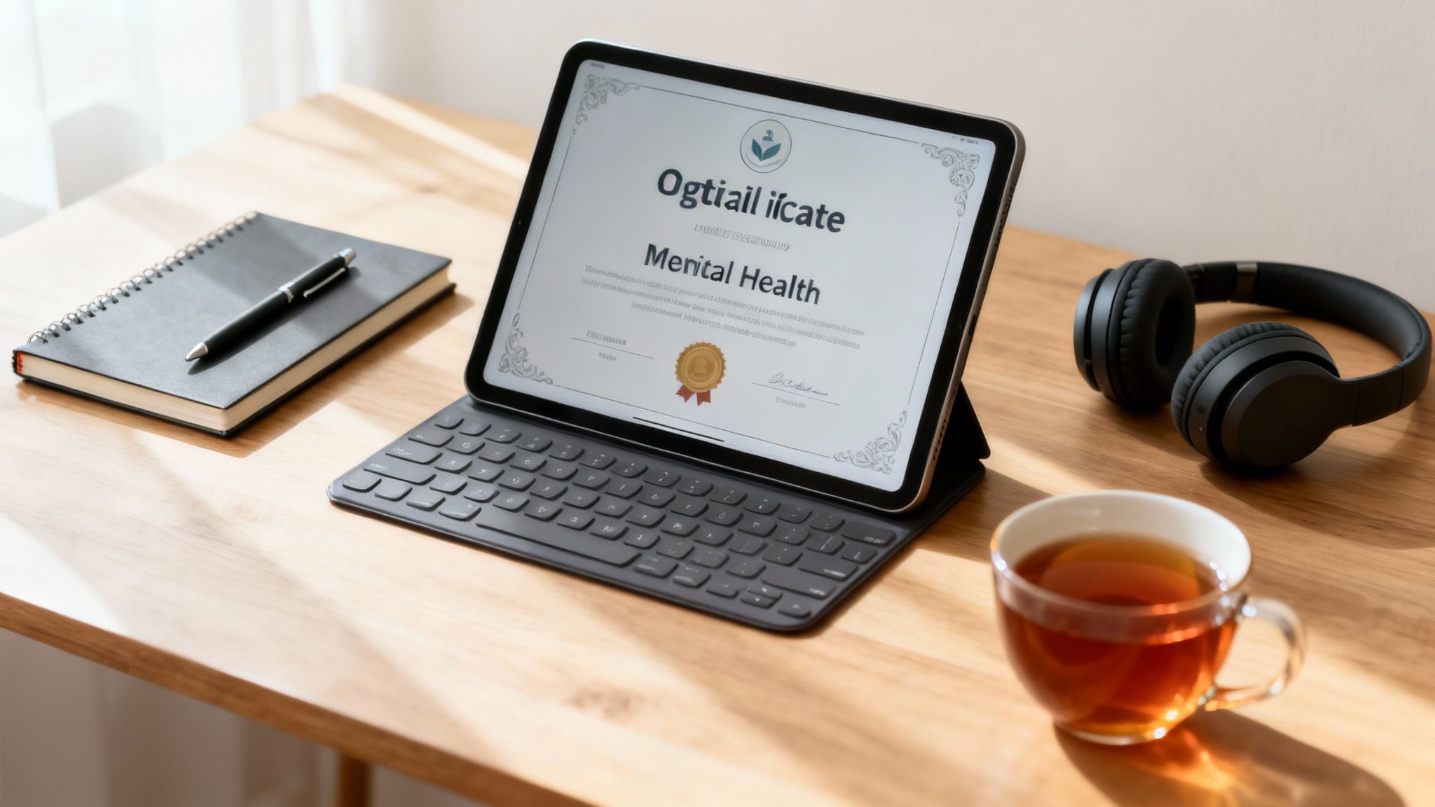 A tablet displays an online 'Mental Health' certificate, next to a notebook, pen, headphones, and a cup of tea on a wooden desk.